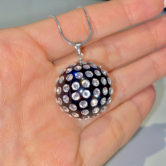 Black Acrylic Ball Necklace Embellished With Genuine Swarovski Crystals - Picture 4 of 10